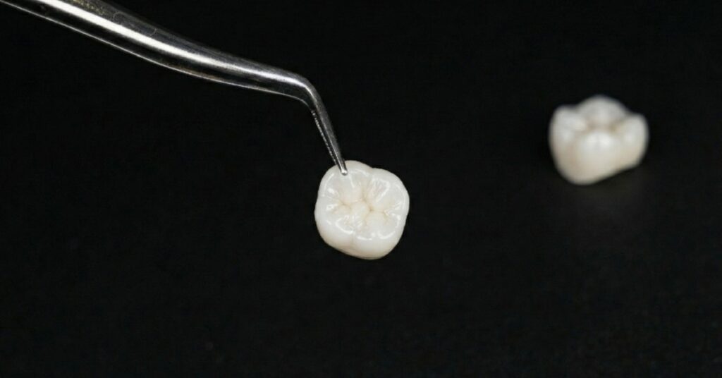 Metal tweezers are holding a white dental crown. A second crown sits on a black surface, blurred in the background.